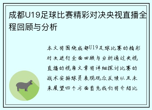 成都U19足球比赛精彩对决央视直播全程回顾与分析